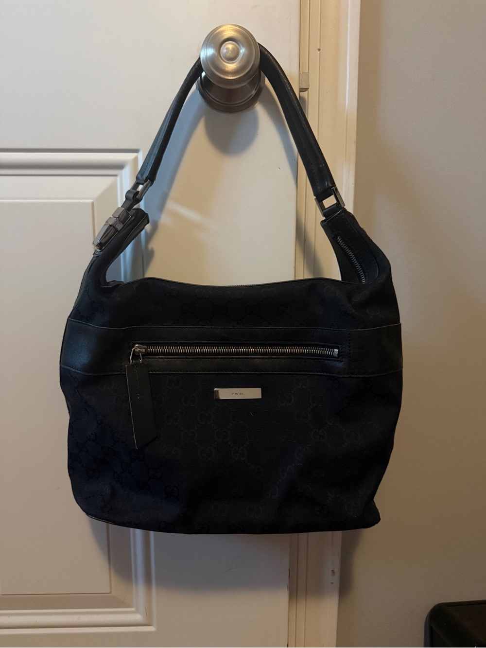 Gucci Black GG Canvas Shoulder Bag with Front Zip